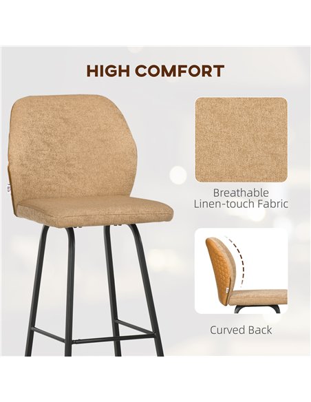 HOMCOM Bar Stools Set of 4, Linen-Touch Upholstered Bar Chairs, Kitchen Stools with Backs and Steel Legs for Dining Room, Light 