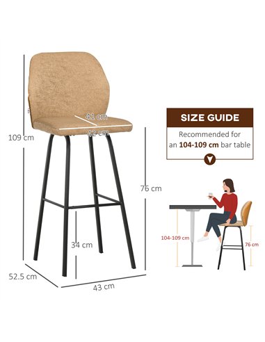 HOMCOM Bar Stools Set of 4, Linen-Touch Upholstered Bar Chairs, Kitchen Stools with Backs and Steel Legs for Dining Room, Light 