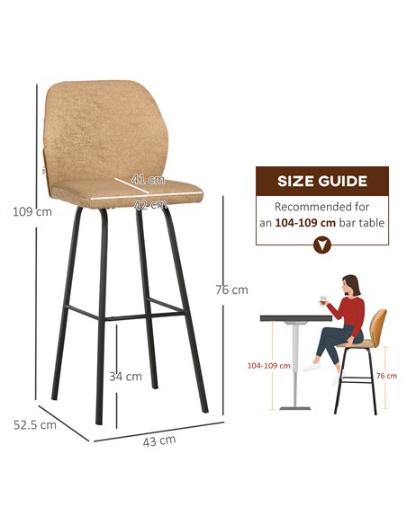 HOMCOM Bar Stools Set of 4, Linen-Touch Upholstered Bar Chairs, Kitchen Stools with Backs and Steel Legs for Dining Room, Light 