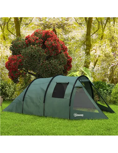 Outsunny Two Room Tunnel Tent Camping Tent for  3-4 Man with Windows, Covers, Carry Bag, for Fishing, Hiking, Sports, Green