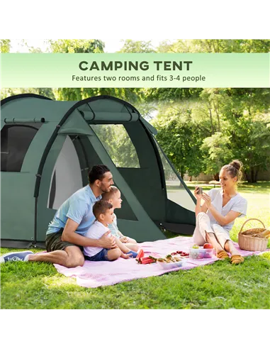 Outsunny Two Room Tunnel Tent Camping Tent for  3-4 Man with Windows, Covers, Carry Bag, for Fishing, Hiking, Sports, Green
