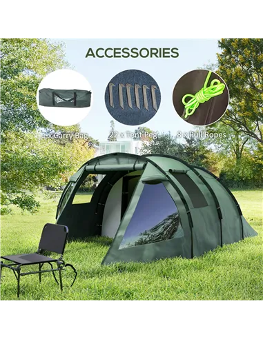 Outsunny Two Room Tunnel Tent Camping Tent for  3-4 Man with Windows, Covers, Carry Bag, for Fishing, Hiking, Sports, Green