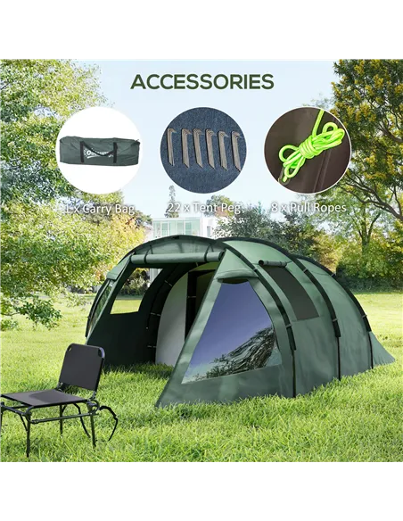 Outsunny Two Room Tunnel Tent Camping Tent for  3-4 Man with Windows, Covers, Carry Bag, for Fishing, Hiking, Sports, Green