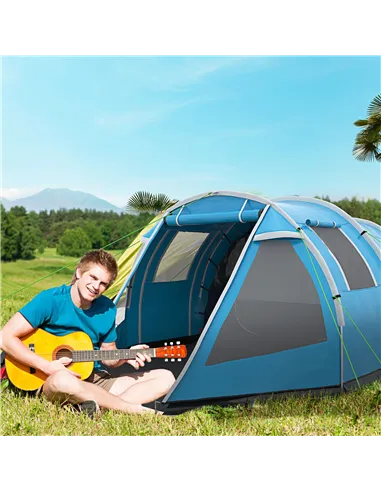 Outsunny 3-4 Man Tunnel Tent, Two Room Camping Tent with Windows, Portable Carry Bag, for Fishing, Hiking, Sports, Festival - Bl