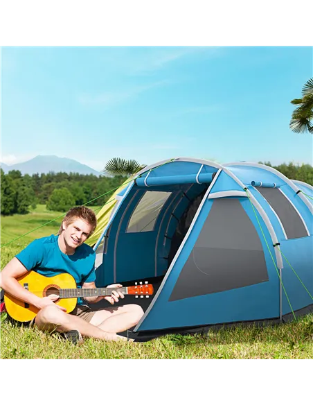 Outsunny 3-4 Man Tunnel Tent, Two Room Camping Tent with Windows, Portable Carry Bag, for Fishing, Hiking, Sports, Festival - Bl