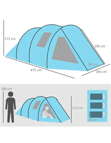 Outsunny 3-4 Man Tunnel Tent, Two Room Camping Tent with Windows, Portable Carry Bag, for Fishing, Hiking, Sports, Festival - Bl