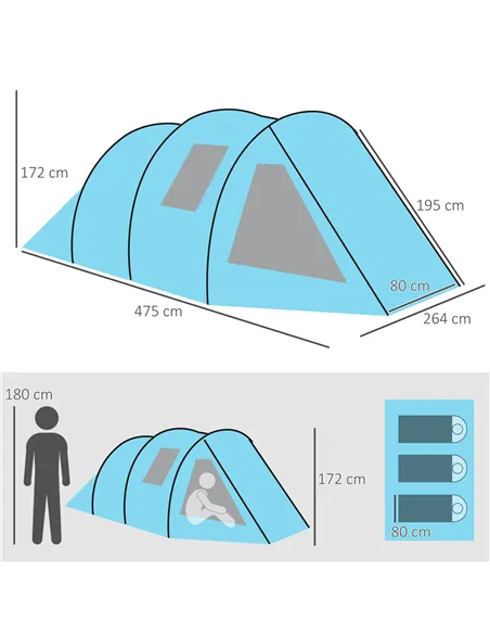 Outsunny 3-4 Man Tunnel Tent, Two Room Camping Tent with Windows, Portable Carry Bag, for Fishing, Hiking, Sports, Festival - Bl