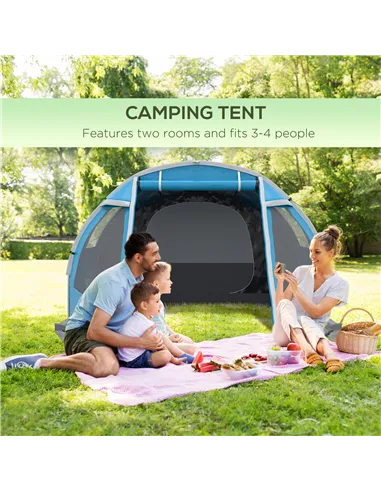 Outsunny 3-4 Man Tunnel Tent, Two Room Camping Tent with Windows, Portable Carry Bag, for Fishing, Hiking, Sports, Festival - Bl