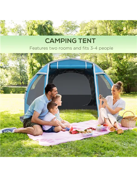 Outsunny 3-4 Man Tunnel Tent, Two Room Camping Tent with Windows, Portable Carry Bag, for Fishing, Hiking, Sports, Festival - Bl