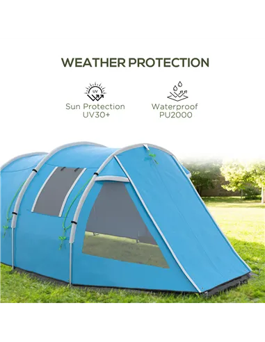 Outsunny 3-4 Man Tunnel Tent, Two Room Camping Tent with Windows, Portable Carry Bag, for Fishing, Hiking, Sports, Festival - Bl