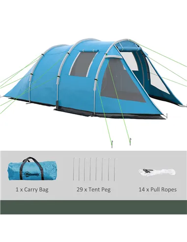Outsunny 3-4 Man Tunnel Tent, Two Room Camping Tent with Windows, Portable Carry Bag, for Fishing, Hiking, Sports, Festival - Bl