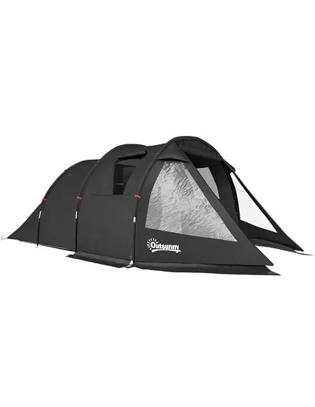 Outsunny 3-4 Man Tunnel Tent, Two Room Camping Tent with Windows, Portable Carry Bag, for Fishing, Hiking, Sports, Festival - Bl