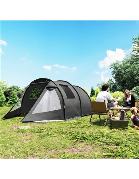 Outsunny 3-4 Man Tunnel Tent, Two Room Camping Tent with Windows, Portable Carry Bag, for Fishing, Hiking, Sports, Festival - Bl