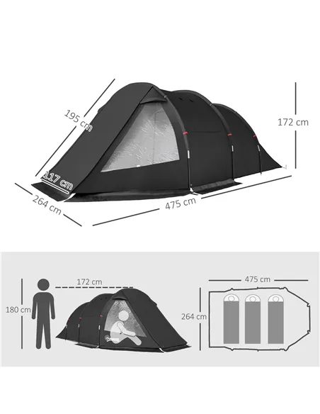 Outsunny 3-4 Man Tunnel Tent, Two Room Camping Tent with Windows, Portable Carry Bag, for Fishing, Hiking, Sports, Festival - Bl