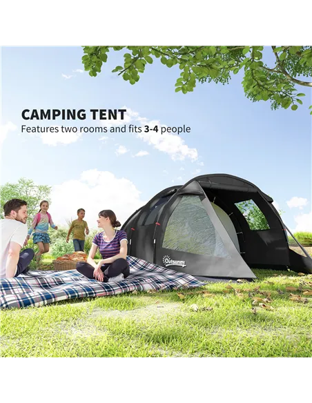 Outsunny 3-4 Man Tunnel Tent, Two Room Camping Tent with Windows, Portable Carry Bag, for Fishing, Hiking, Sports, Festival - Bl