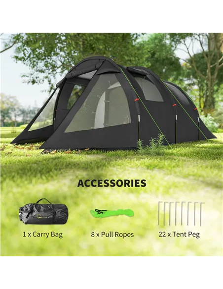 Outsunny 3-4 Man Tunnel Tent, Two Room Camping Tent with Windows, Portable Carry Bag, for Fishing, Hiking, Sports, Festival - Bl