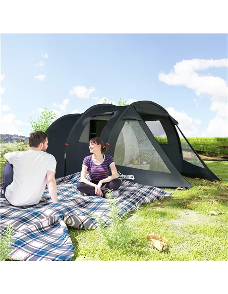 Outsunny 3-4 Man Tunnel Tent, Two Room Camping Tent with Windows, Portable Carry Bag, for Fishing, Hiking, Sports, Festival - Bl