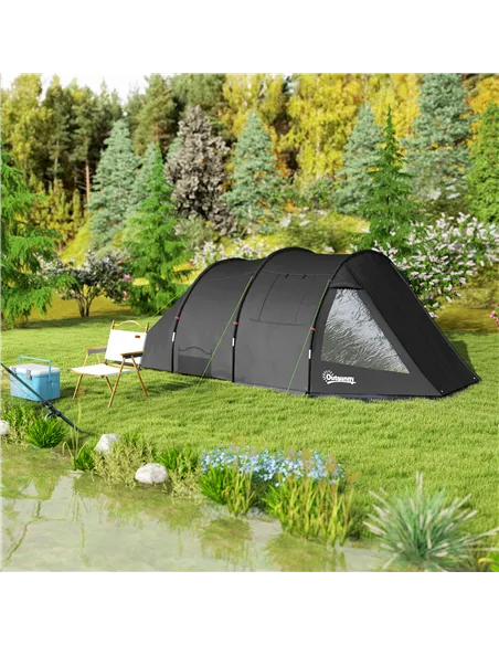 Outsunny 3-4 Man Tunnel Tent, Two Room Camping Tent with Windows, Portable Carry Bag, for Fishing, Hiking, Sports, Festival - Bl