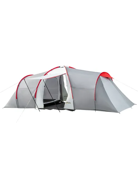 Outsunny Four-Man Tunnel Tent, with Two Bedrooms and Living Room - Grey/Red