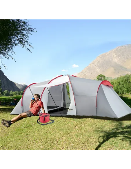 Outsunny Four-Man Tunnel Tent, with Two Bedrooms and Living Room - Grey/Red