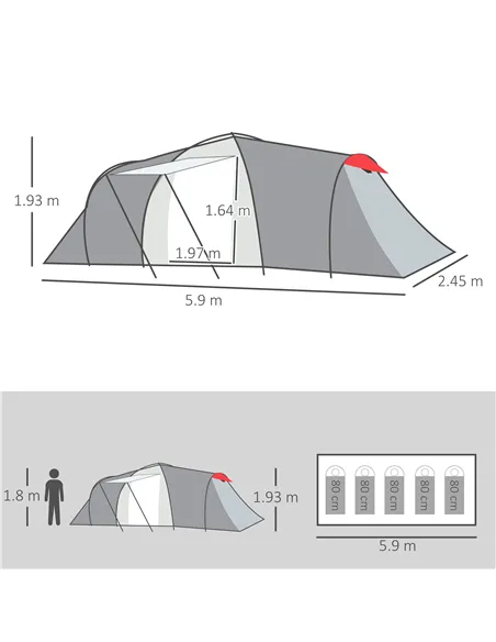 Outsunny Four-Man Tunnel Tent, with Two Bedrooms and Living Room - Grey/Red