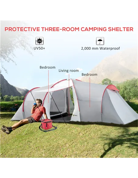 Outsunny Four-Man Tunnel Tent, with Two Bedrooms and Living Room - Grey/Red