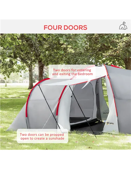 Outsunny Four-Man Tunnel Tent, with Two Bedrooms and Living Room - Grey/Red
