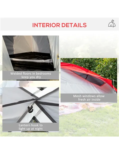 Outsunny Four-Man Tunnel Tent, with Two Bedrooms and Living Room - Grey/Red