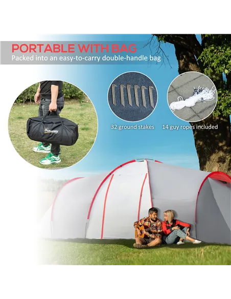 Outsunny Four-Man Tunnel Tent, with Two Bedrooms and Living Room - Grey/Red