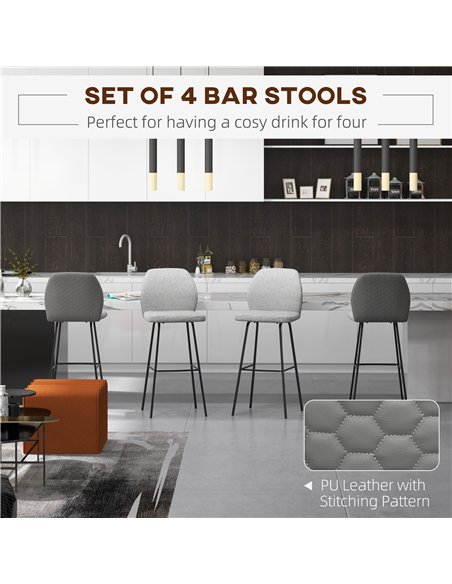 HOMCOM Bar Stools Set of 4, Linen-Touch Upholstered Bar Chairs, Kitchen Stools with Backs and Steel Legs for Dining Room, Light 