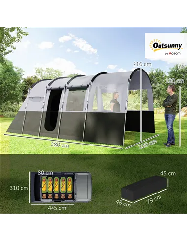 Outsunny 8-Person Camping Tent, Waterproof Family Tent, Tunnel Design, 4 Large Windows, Sleeping Cabins 3000mm Water Column Grey