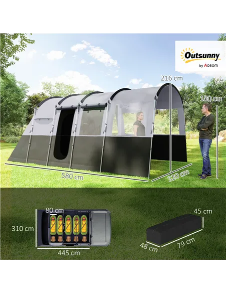 Outsunny 8-Person Camping Tent, Waterproof Family Tent, Tunnel Design, 4 Large Windows, Sleeping Cabins 3000mm Water Column Grey