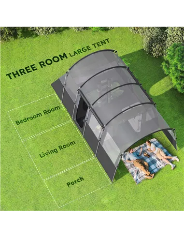 Outsunny 8-Person Camping Tent, Waterproof Family Tent, Tunnel Design, 4 Large Windows, Sleeping Cabins 3000mm Water Column Grey