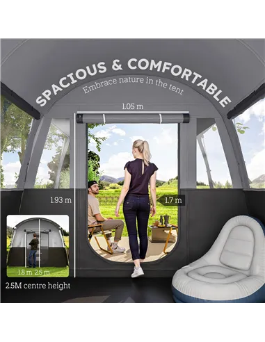 Outsunny 8-Person Camping Tent, Waterproof Family Tent, Tunnel Design, 4 Large Windows, Sleeping Cabins 3000mm Water Column Grey