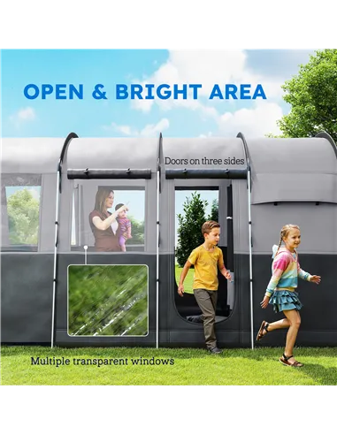 Outsunny 8-Person Camping Tent, Waterproof Family Tent, Tunnel Design, 4 Large Windows, Sleeping Cabins 3000mm Water Column Grey