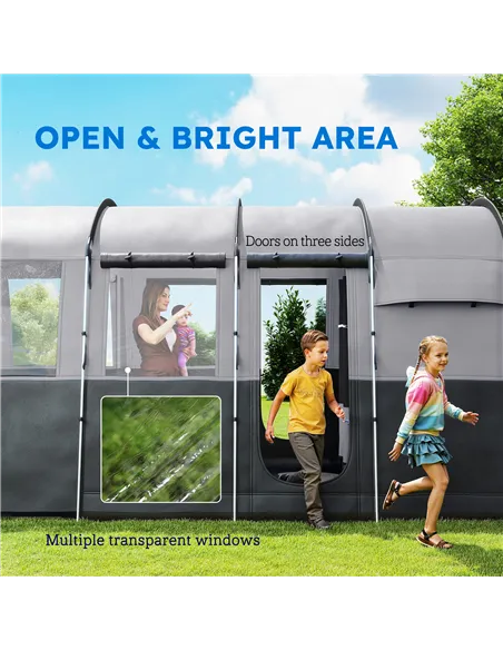 Outsunny 8-Person Camping Tent, Waterproof Family Tent, Tunnel Design, 4 Large Windows, Sleeping Cabins 3000mm Water Column Grey