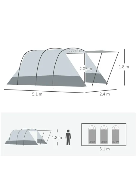 Outsunny 6-8 Person Tunnel Tent, Camping Tent with Bedroom, Living Room, Sewn-in Floor, 3 Doors and Carry Bag, 2000mm Water Colu