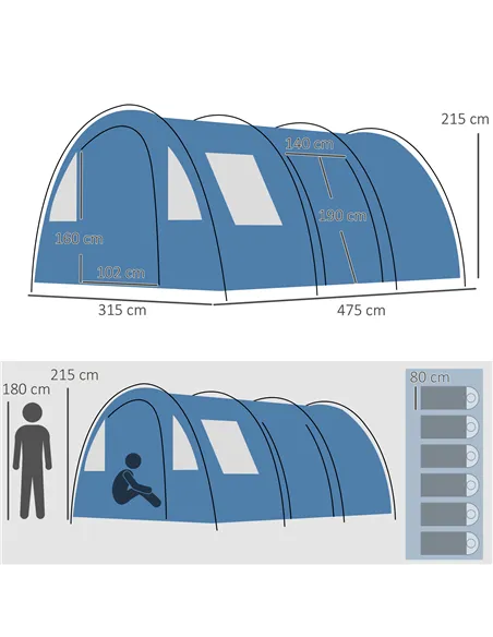 Outsunny 5-6 Man Camping Tent with 2 Room, Floor and Carry Bag - Blue