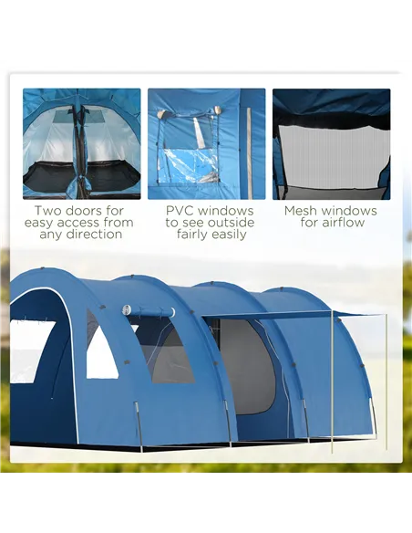 Outsunny 5-6 Man Camping Tent with 2 Room, Floor and Carry Bag - Blue