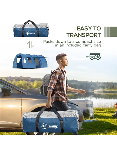 Outsunny 5-6 Man Camping Tent with 2 Room, Floor and Carry Bag - Blue