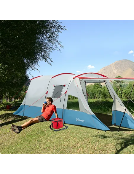 Outsunny 6-8 Person Tunnel Tent, Camping Tent with Bedroom, Living Room, Sewn-in Floor, 3 Doors and Carry Bag, 2000mm Water Colu