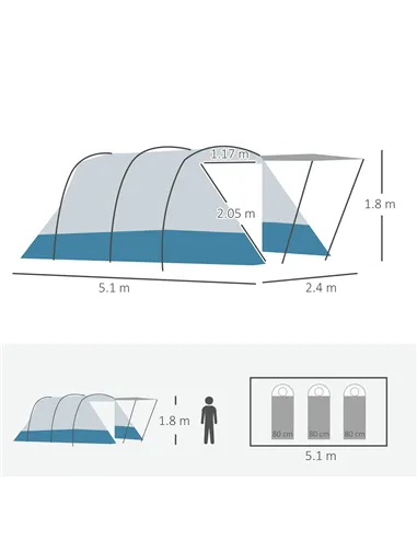 Outsunny 6-8 Person Tunnel Tent, Camping Tent with Bedroom, Living Room, Sewn-in Floor, 3 Doors and Carry Bag, 2000mm Water Colu