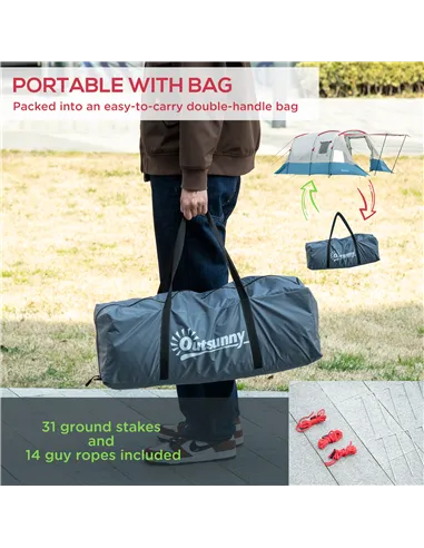 Outsunny 6-8 Person Tunnel Tent, Camping Tent with Bedroom, Living Room, Sewn-in Floor, 3 Doors and Carry Bag, 2000mm Water Colu