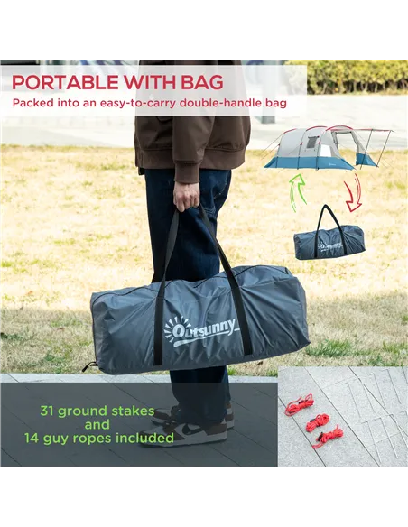 Outsunny 6-8 Person Tunnel Tent, Camping Tent with Bedroom, Living Room, Sewn-in Floor, 3 Doors and Carry Bag, 2000mm Water Colu