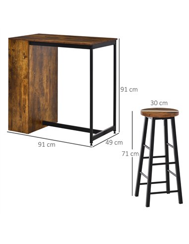 HOMCOM Industrial Bar Table Set for 2, 3 Pieces Pub Table and Bar Stools with Storage Shelf for Kitchen