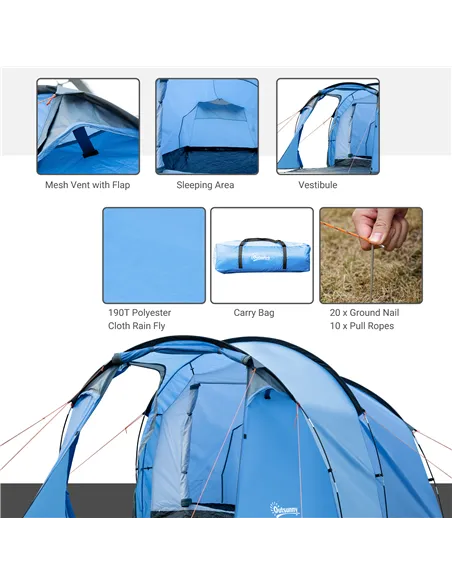 Outsunny 2 Room Tent with Vestibule, Weather-Resistant Camping Tent with Air Vents for Fishing Hiking, Sky Blue