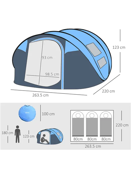 Outsunny 4 Person Pop-up Camping Tent Family Tent with Ground Sheet, 4 Windows and Portable Carry Bag for Beach Outdoor Trip, Sk