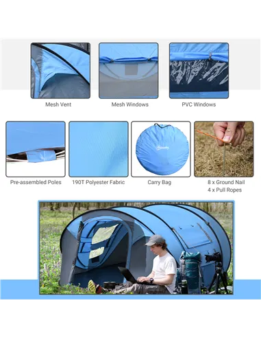Outsunny 4 Person Pop-up Camping Tent Family Tent with Ground Sheet, 4 Windows and Portable Carry Bag for Beach Outdoor Trip, Sk