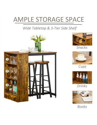 HOMCOM Industrial Bar Table Set for 2, 3 Pieces Pub Table and Bar Stools with Storage Shelf for Kitchen