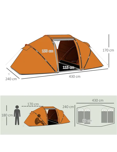 Outsunny 4-6 Man Camping Tent with Living Area and 2 Bedrooms, Hiking Sun Shelter, UV Protection Tunnel Tent, Orange